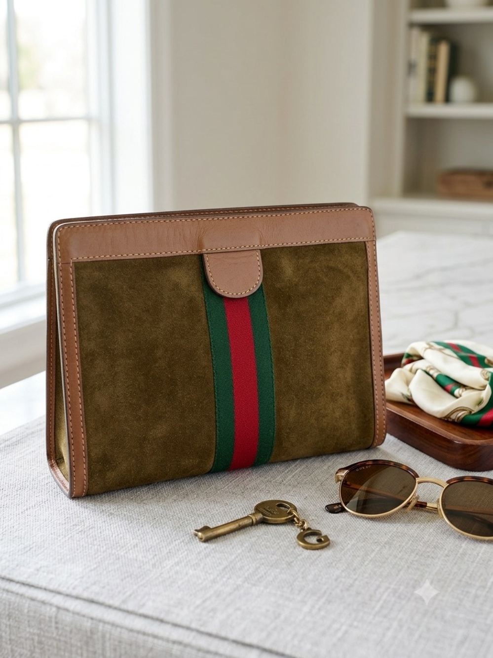 Vintage Gucci Accessory Collection Suede Web Clutch - Rare Pristine Interior